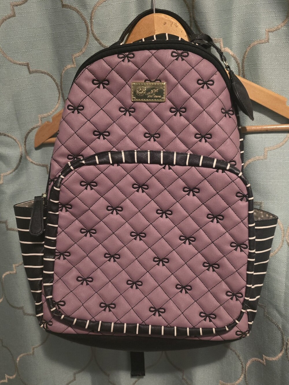 Betsey Johnson Backpack Bag Purple Black Striped Quilted Adjustable Straps